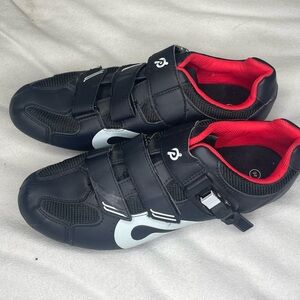 Peloton Mens Cycling Shoes Black Red White Velcro Ratchet Strap Size 46 / 12
